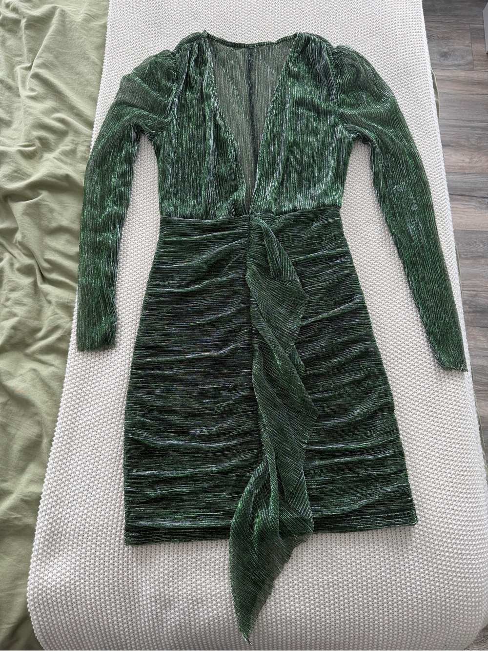 Hello Molly Emerald Green Plissé Long Sleeve Tie-Front Dress